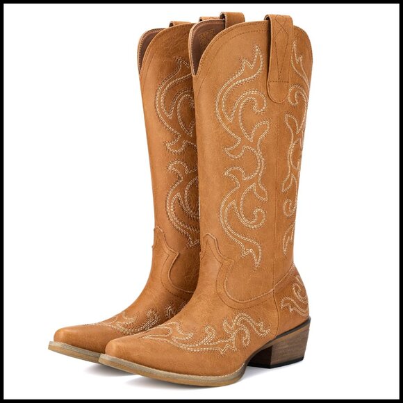 Shoes - Women's Western Cowgirl Boots with Chunky Heel Snip Toe Mid-Calf